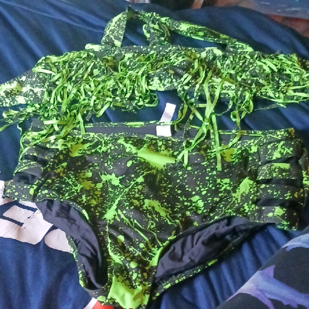 Monif C. Green and Black Metallic Bikini